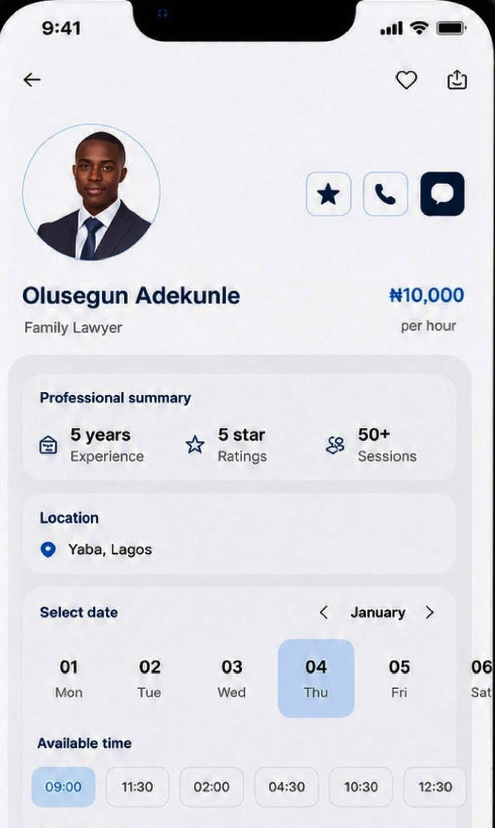 Lawyer profile and booking calendar