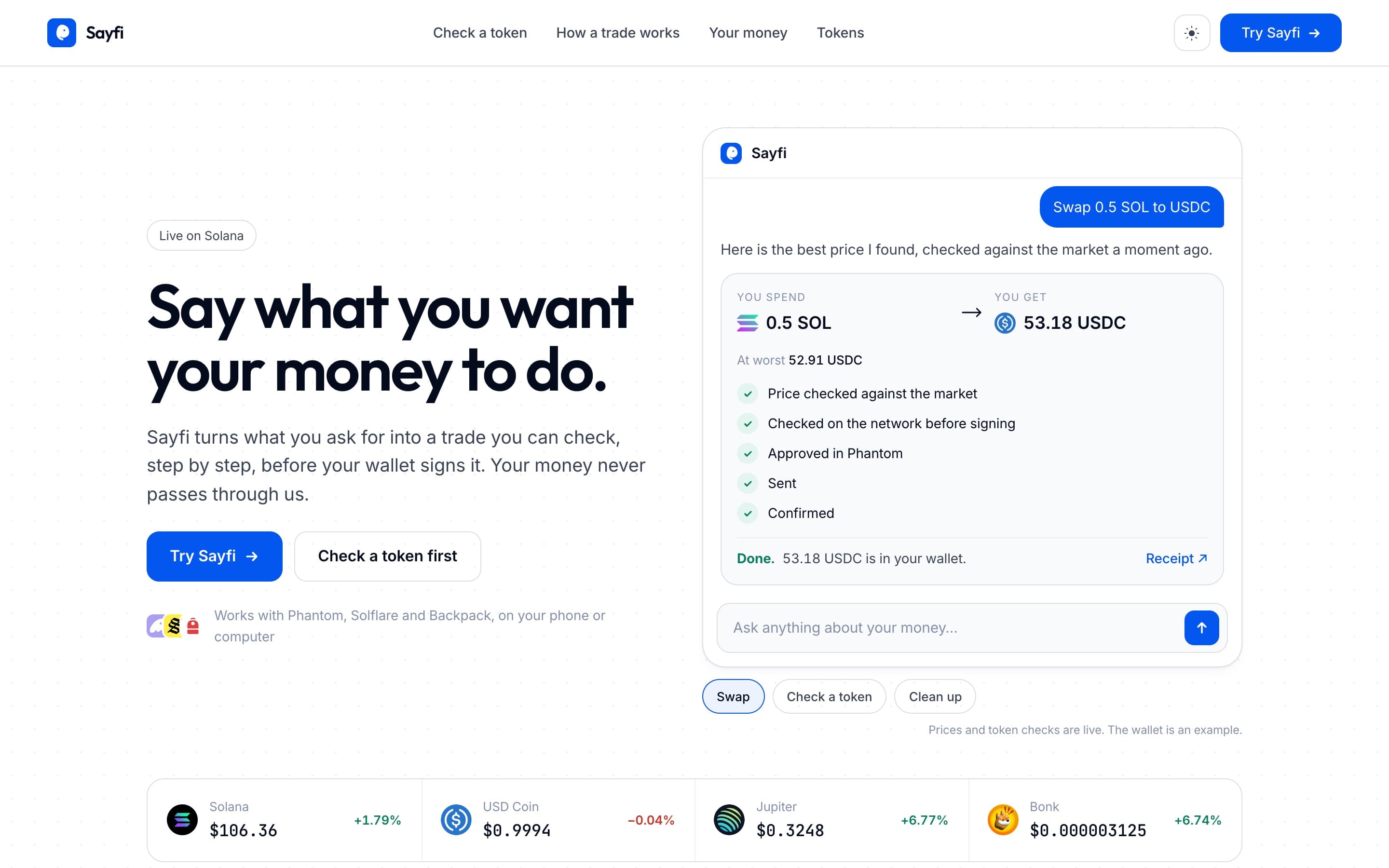 Sayfi landing page with a priced swap in the chat